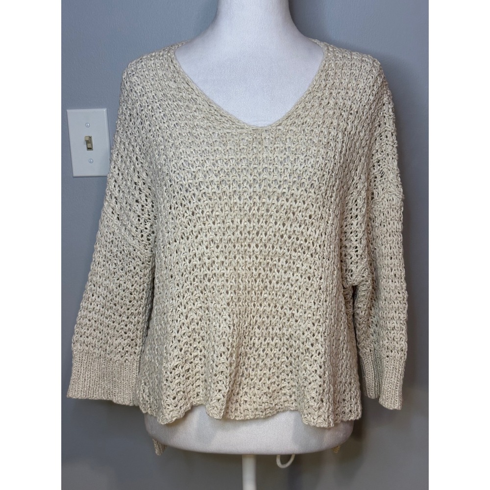 Eileen Fisher Cream Open Knit V-Neck Sweater XL 3/4 Sleeve High-Low Pullover - Picture 3 of 11